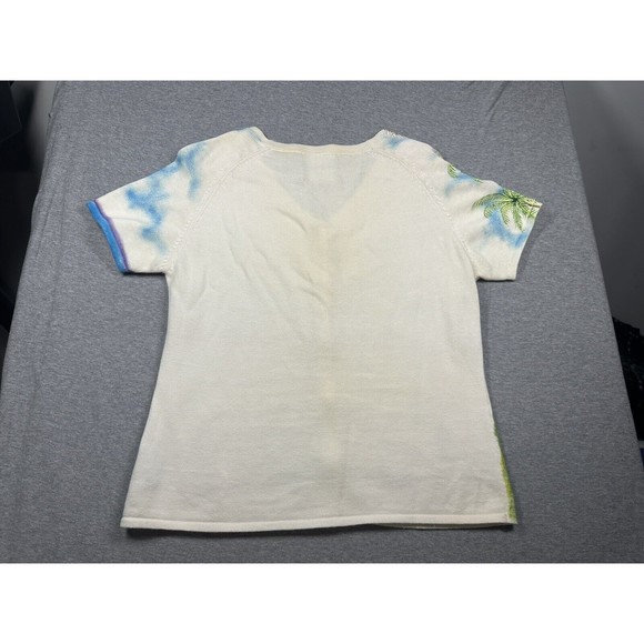 Michael Simon Cardigan Sweater Palm Tree Boats Small Tropical Beach Mountains - Picture 11 of 12